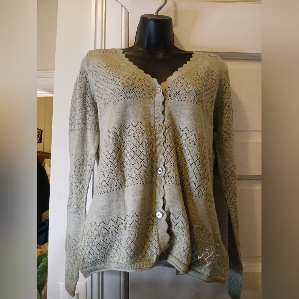 Frye Womens Sage Green Pointelle Cardigan Scalloped Edges, Size Small